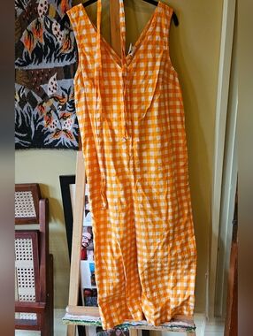 orange and white cotton checkered Lucy & Yak jumpsuit fits medium